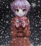  1girl box brown_eyes chuunenpi coat grey_hair heart nagato_yuki scarf short_hair snow suzumiya_haruhi_no_yuuutsu 