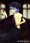  arm_garter bare_shoulders bat_wings blue_hair cup dress from_behind glass hat highres neck_ribbon red_eyes remilia_scarlet ribbon short_hair strapless_dress taku-012 touhou window wine wine_glass wings 