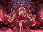 blonde_hair blood bone crystal cup flandre_scarlet glowing glowing_eyes hat hat_ribbon highres marionette_(excle) red_eyes ribbon short_hair side_ponytail skull solo stained_glass stuffed_animal stuffed_toy teddy_bear throne touhou what_is_a_man? wings 