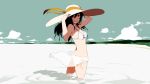  black_hair grin hand_on_hat hat original sarong shadow sky smile solo sun_hat swimsuit uki_atsuya wading water 
