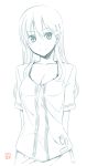  badge breasts button_badge cleavage hair_ornament hairclip himura_kiseki long_hair monochrome smile 