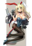  1girl alternate_costume animal_ears arm_support atago_(kantai_collection) bare_shoulders black_gloves black_legwear blush bowtie breasts bunny_girl bunny_tail bunnysuit cleavage detached_collar fake_animal_ears gloves green_eyes high_heels kantai_collection katahira_masashi large_breasts long_hair looking_at_viewer pantyhose rabbit_ears simple_background smile solo tail wrist_cuffs 