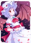  bat_wings brooch hat highres jewelry lavender_hair mauve petals red_eyes remilia_scarlet short_hair smile solo touhou wings 