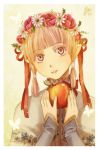  bangs blunt_bangs elf face food fruit hair hair_ornament hairband head_wreath holding holding_fruit meago original pink_eyes pointy_ears short_twintails solo twintails 