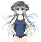  blue_hair food fruit hands_on_hips hat highres hinanawi_tenshi kyuuran long_hair one-piece_swimsuit peach red_eyes school_swimsuit swimsuit tears touhou 