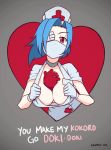  1girl animated animated_gif between_breasts blue_hair breasts english eyepatch gloves hat heart_(organ) kusottk large_breasts nurse nurse_cap red_cross red_eyes skullgirls solo surgical_mask valentine_(skullgirls) white_gloves 