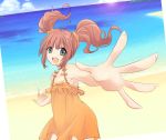 beach brown_hair dress foreshortening green_eyes haruta_(rump) idolmaster long_hair perspective solo takatsuki_yayoi twintails 