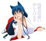  arm_support blue_hair blush breasts chin_rest cleavage fox_ears huge_breasts japanese_clothes kenji_t1710 long_hair miko on_stomach open_mouth original red_eyes simple_background solo 