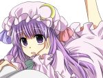  arm_support bad_id book etou_(cherry7) hand_on_own_cheek hand_on_own_face hat legs_up looking_up lying on_stomach open_book open_mouth patchouli_knowledge purple_eyes purple_hair simple_background solo touhou violet_eyes 