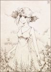  butterfly dress face flower graphite_(medium) hat meago nature original short_hair sky smile solo straw_hat traditional_media 