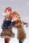  2girls arm_grab breath earmuffs grin hands_in_pockets hoshizora_rin looking_at_viewer love_live!_school_idol_project majiang multiple_girls nishikino_maki one_eye_closed orange_hair pantyhose redhead scarf signature smile snowing tagme thigh-highs v violet_eyes winter_clothes yellow_eyes 