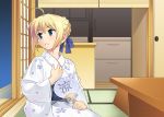  ahoge azu blonde_hair fan fate/stay_night fate_(series) green_eyes highres japanese_clothes kimono paper_fan saber shouji sitting sliding_doors solo tatami type-moon uchiwa yukata 