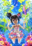  black_hair blue_eyes bubble butterfly colorful flower hair_flower hair_ornament hibiscus kneeling looking_at_viewer mano_(narumi_arata) narumi_arata navel open_mouth original plant pointy_ears red_rose rose solo swimsuit twintails water wide-eyed 