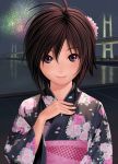  ahoge black_eyes bridge brown_hair face fireworks floral_print flower hair_ornament hands idolmaster japanese_clothes kikuchi_makoto kimono nekopuchi night smile water yukata 