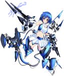  1girl armored_core:_for_answer bare_shoulders blue_hair electricity female gloves gun highres luceva mecha_musume midriff navel original rifle short_hair simple_background skirt solo stasis weapon 