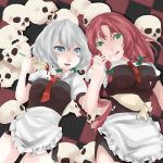  alternate_costume apron aprons bad_id blue_eyes braid enmaided green_eyes hong_meiling izayoi_sakuya long_hair maid momoiro_gingham multiple_girls red_hair redhead short_hair silver_hair skull touhou twin_braids 