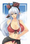 breasts cleavage erect_nipples front-tie_top grey_eyes hand_on_hip highres huge_breasts kami_koppu long_hair mound_of_venus navel open_mouth pointy_ears ruin_queen_of_oblivion sarong silver_eyes silver_hair solo swimsuit very_long_hair yuu-gi-ou yuu-gi-ou_duel_monsters