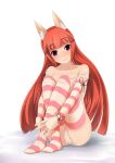  bare_shoulders collarbone fox_ears highres kuriyama_kuriotoko legs long_hair original panties pink_legwear red_eyes red_hair redhead sitting smile solo striped striped_legwear striped_thighhighs thigh-highs thighhighs underwear white_panties 