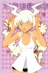  art_nouveau breasts cleavage dark_skin earrings flower green_eyes highres horns itou_noiji jewelry open_mouth original short_hair solo taurus teeth white_hair wink zodiac 