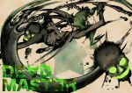  curly_hair dead_master green_eyes green_hair hopper horns long_hair scythe skull smile solo wings 