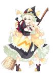  blonde_hair braid broom buckle buttons capelet embellished_costume frills grin hand_behind_head hat highres ichikawa_ryuunosuke kirisame_marisa long_hair looking_at_viewer simple_background smile solo touhou wink witch_hat yellow_eyes 