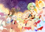  aerial_fireworks brown_hair butterfly earrings fan fireworks fish flower glasses goldfish green_eyes green_hair gumi headband japanese_clothes jewelry kimono lantern multiple_girls neon_(crosslight) paper_fan ponytail red_eyes sandals short_kimono socks spider_lily uchiwa ukke vocaloid white_hair yellow_eyes 