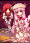  bat_wings book crescent crescent_moon hat head_wings heco_(mama) hecomama koakuma long_hair multiple_girls patchouli_knowledge purple_eyes purple_hair red_eyes red_hair redhead touhou violet_eyes wings 