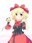  blonde_hair blue_eyes blush bored bow bowtie doll doll_joints fairy_wings flower hair_bow hair_ribbon hands heart index_finger_raised lily_of_the_valley medicine_melancholy neck_ribbon pointing ribbon short_hair simple_background smile smirk su-san touhou wings 