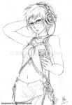  arm_up breasts cellphone choker cleavage cleavage_cutout crop_top frills glasses graphite_(medium) hand_behind_head hand_on_head headphones glassesrid midriff monochrome navel no_bra original phone short_hair signature simple_background sketch skirt solo standing top traditional_media watermark 