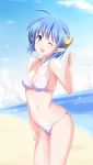  bikini blue_hair crescent crescent_moon navel open_mouth pointy_ears rena_lanford shizufa short_hair solo star_ocean star_ocean_the_second_story swimsuit wink 