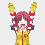  \o/ alternate_costume clown cosplay female gloves hair_ribbon happy kohaku kohatsuka makeup mcdonald's outstretched_arms parody ran_ran_ru red_hair redhead ribbon ronald_mcdonald ronald_mcdonald_(cosplay) short_hair simple_background solo striped tsukihime 