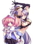  agarest_senki agarest_senki_2 armband arms_up back-to-back belt beltbra blush bow breasts capelet chair cleavage collar crop_top detached_sleeves dress elbow_gloves elf eva_(agarest_senki) fiona_(agarest_senki) flat_chest frills gloves hair_ornament hairband hirano_katsuyuki large_breasts long_hair midriff multiple_girls official_art open_mouth pink_hair pointy_ears ponytail purple_eyes purple_hair ribbon short_dress silver_hair simple_background standing strap twintails very_long_hair 