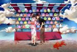  cloud clouds couple distortion fish floating flying_fish goldfish hair_ribbon highres japanese_clothes kimono lightbulb night night_sky obi original pinwheel ribbon sandals shigatsuya shop sky slippers spinning star twintails vanishing wind wind_chime 