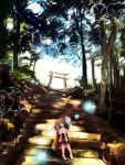  child chin_rest fish forest glowing goldfish japanese_clothes kimono nature original red_eyes ryouma_(888) scenery short_hair solo stairs torii white_hair 