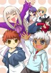  archer bad_id black_hair blonde_hair blue_eyes brother_and_sister chibi child dress emiya_shirou fate/stay_night fate_(series) green_eyes hair_ribbon happy illyasviel_von_einzbern lowres matou_sakura raglan_sleeves ribbon saber siblings sisters takanasi123 tohsaka_rin toosaka_rin white_hair young 