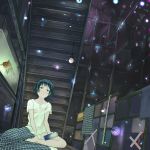  aquarium barefoot black_eyes black_hair blanket bob_cut feet fireflies firefly fish goldfish insecticide light_bulb lightbulb no_pants original short_hair solo spray_can stairs 