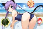  bent_over blue_eyes cat_ears cat_tail food fruit highres long_hair one-piece_swimsuit original purple_hair school_swimsuit shaved_ice shibayuki solo swimsuit tail twintails watermelon 