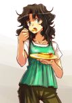  1girl amagami black_hair blue_eyes casual eating face food hands open_mouth solo tamago tanamachi_kaoru 