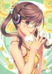  blue_eyes brown_hair cable camisole digital_media_player glasses hair_ornament hairpin hands headphones highres koutaro lipstick nail_polish original ribbon smile solo twintails 