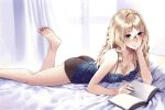  ass barefoot bed blonde_hair book breasts camisole cleavage feet filicia_heideman glasses green_eyes hands highres kishida_mel lingerie long_hair lying on_stomach panties solo sora_no_woto underwear 