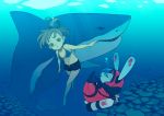  bikini_top brown_eyes brown_hair bunny denim denim_shorts freediving hair_up hare_of_inaba hare_of_inaba_(character) navel original rabbit scuba shark shorts swimming swimsuit ukokkei unbuttoned underwater 