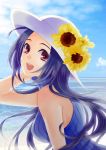  blue_hair casual flower hat idolmaster long_hair miura_azusa red_eyes shiramatsu sunflower water 