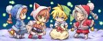  :&lt; :d alternate_color arc_(ff3) bell blonde_hair blue_eyes character_request chibi christmas devout everyone final_fantasy final_fantasy_iii freckles geomancer hood ingus luneth multiple_boys open_mouth pote_(ptkan) ptkan refia sack smile thief white_mage 