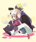  1boy 1girl age_difference blonde_hair brown_hair cabbie_hat couple drooling gengar hat headband kotone_(pokemon) matsuba_(pokemon) musical_note nose_bubble overalls pokemon pokemon_(creature) pokemon_(game) pokemon_gsc pokemon_heartgold_and_soulsilver pomeko saliva scarf sitting sleeping thigh-highs thighhighs 