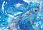  blue_eyes blue_hair bubble colored_eyelashes dress drowning eyelashes hatsune_miku open_mouth rby_(artist) shikihara_mitabi sundress twintails underwater vocaloid water 
