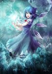  absurdres blue blue_eyes blue_hair bow cirno dress hair_bow highres ice open_mouth oto_taku outstretched_arm signature solo touhou wings yinzhai 