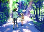 bag basket brown_eyes brown_hair butterfly butterfly_net child dress fence forest hand_net hat highres hiroe holding_hands nature original path photo_background scenery short_hair 