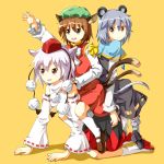  animal_ears bare_shoulders brown_eyes brown_hair cat_ears cat_tail chen detached_sleeves geta grey_hair hat inubashiri_momiji mouse_ears mouse_tail multiple_girls nazrin outstretched_arm outstretched_hand reaching red_eyes riding sandals simple_background sitting sitting_on_person tail tengu-geta tksymkw tokin_hat touhou tsurukou_(tksymkw) white_hair wolf_ears wolf_tail 