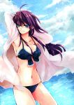  arms_behind_head bikini blue_eyes breasts cleavage front-tie_top highres hiyori7 large_breasts long_hair navel open_clothes open_shirt original purple_hair robe shirt solo swimsuit water 