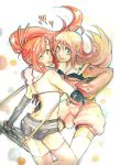  2girls bikini_top blue_eyes braid butt_crack company_connection crossover diebuster gainax gun hair_ornament heart hot_pants long_hair multiple_girls nono pink_hair pink_thighhighs red_hair redhead scarf short_shorts shorts striped striped_scarf tengen_toppa_gurren_lagann thigh-highs thighhighs top_wo_nerae_2! traditional_media watercolor_(medium) weapon yellow_eyes yoko_littner 